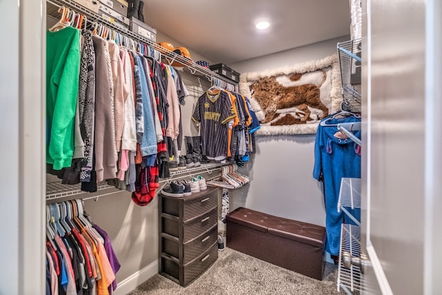 walk in closet with carpet flooring