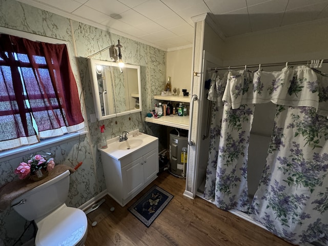 bathroom featuring vanity, a shower with curtain, crown molding, hardwood / wood-style flooring, and toilet