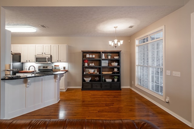 kitchen with white cabinets, pendant lighting, dark hardwood / wood-style flooring, and stainless steel appliances