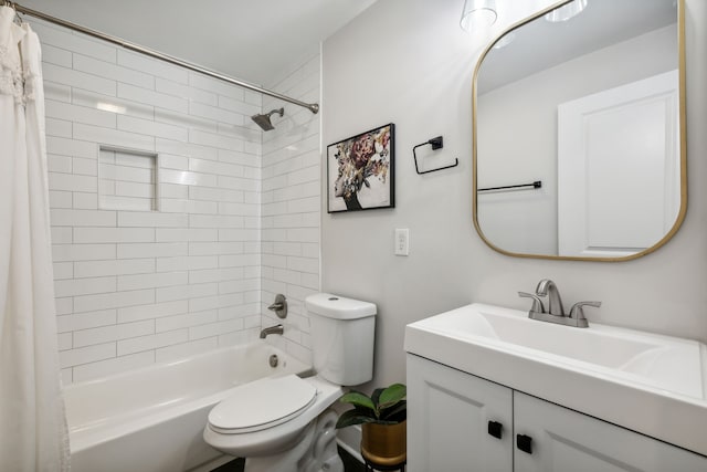 full bathroom with vanity, toilet, and shower / bathtub combination with curtain