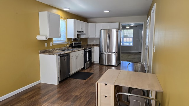 kitchen featuring white cabinets, sink, dark hardwood / wood-style flooring, and stainless steel appliances