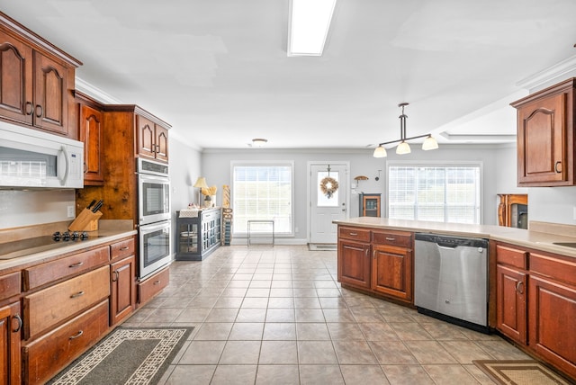 kitchen with decorative light fixtures, stainless steel appliances, plenty of natural light, and ornamental molding