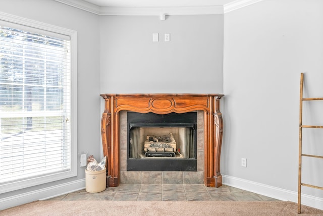 room details featuring tile patterned floors, a fireplace, and ornamental molding