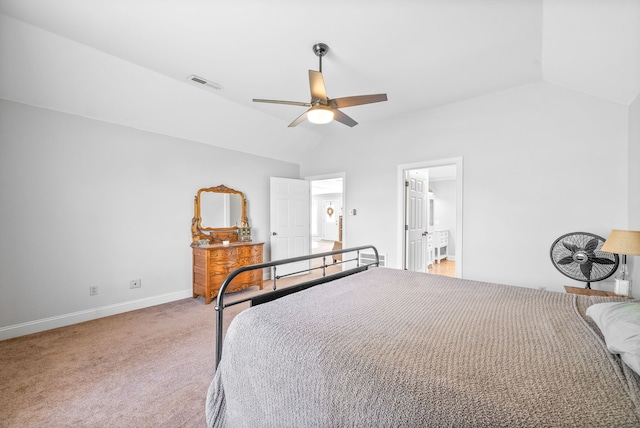 carpeted bedroom featuring ceiling fan and lofted ceiling