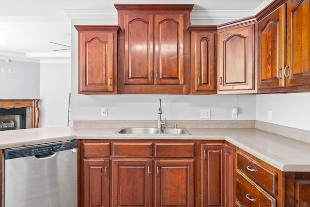 kitchen featuring dishwasher, crown molding, and sink