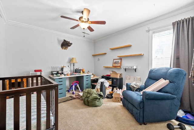 bedroom featuring carpet flooring, ceiling fan, a nursery area, and ornamental molding