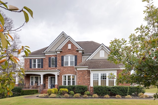 view of front facade featuring a porch and a front lawn