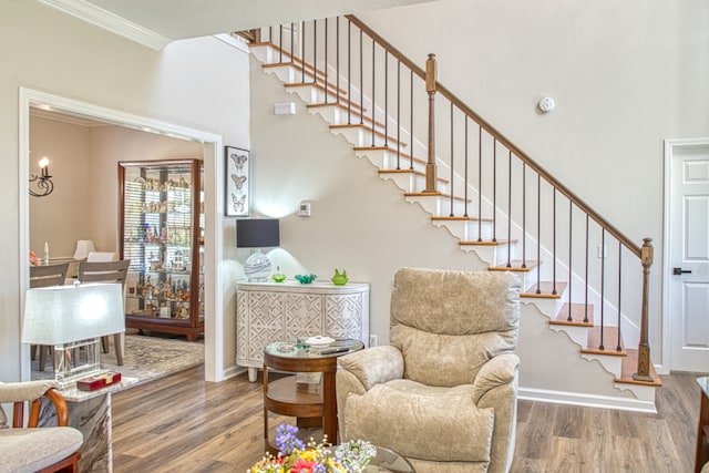 living area with wood-type flooring and ornamental molding