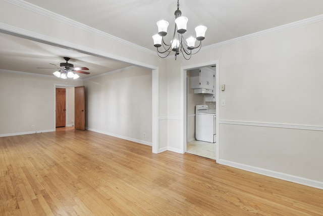 spare room with ceiling fan with notable chandelier, washer / clothes dryer, light hardwood / wood-style flooring, and crown molding