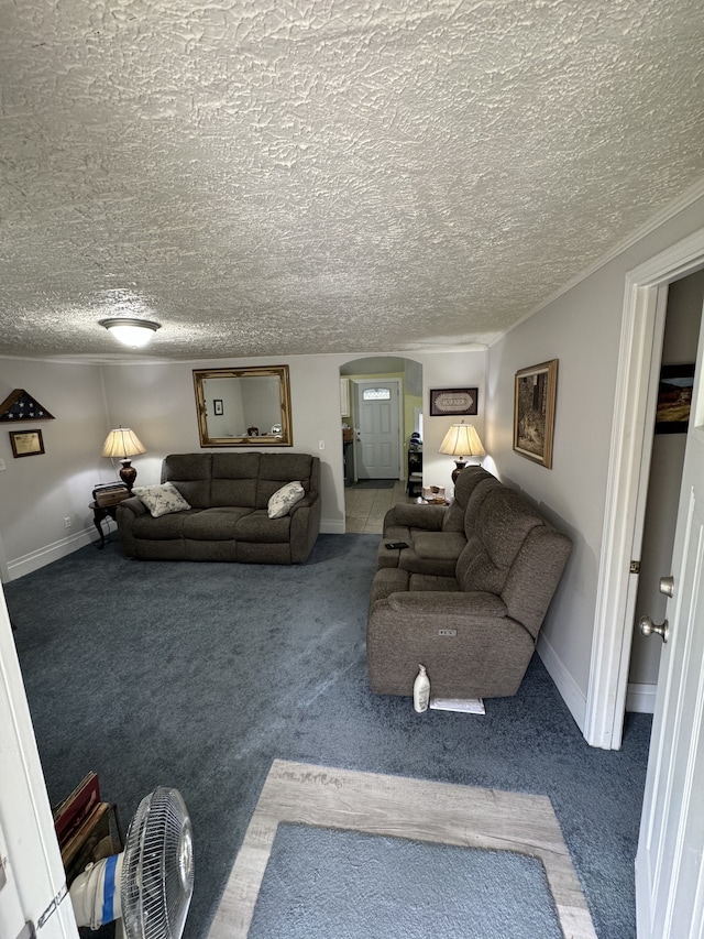 carpeted living room featuring a textured ceiling