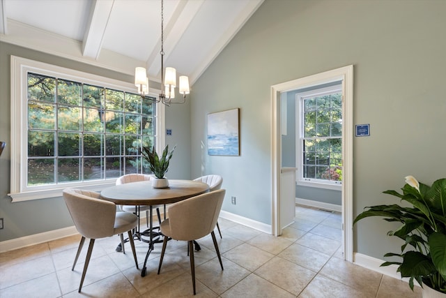 dining space with vaulted ceiling with beams, light tile patterned floors, and a chandelier