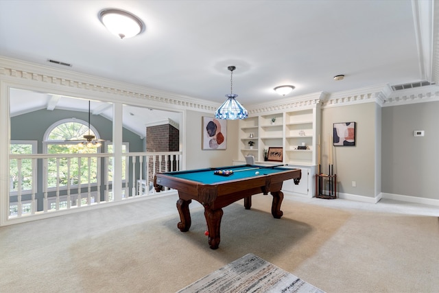 recreation room with carpet flooring, ornamental molding, vaulted ceiling, ceiling fan, and pool table