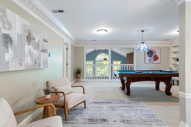 rec room featuring crown molding, lofted ceiling, light carpet, and billiards