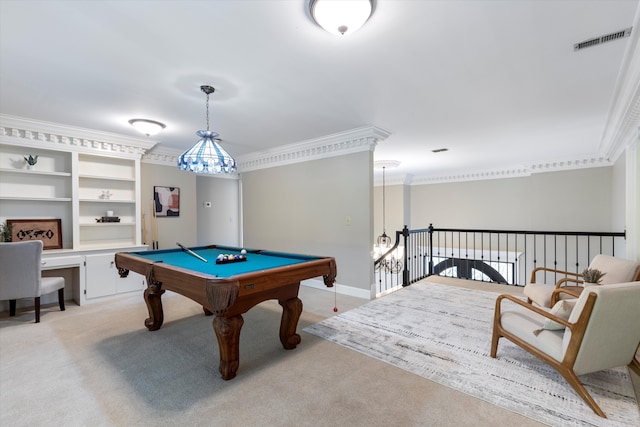 recreation room featuring light colored carpet, ornamental molding, and billiards