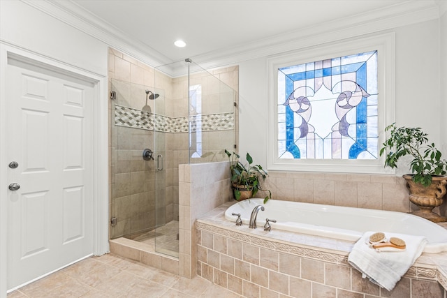 bathroom featuring tile patterned flooring, crown molding, and plus walk in shower