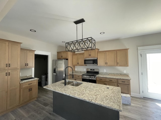 kitchen featuring an island with sink, dark wood-style floors, stainless steel appliances, and a sink