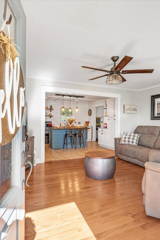 living room with ceiling fan, crown molding, and light hardwood / wood-style flooring