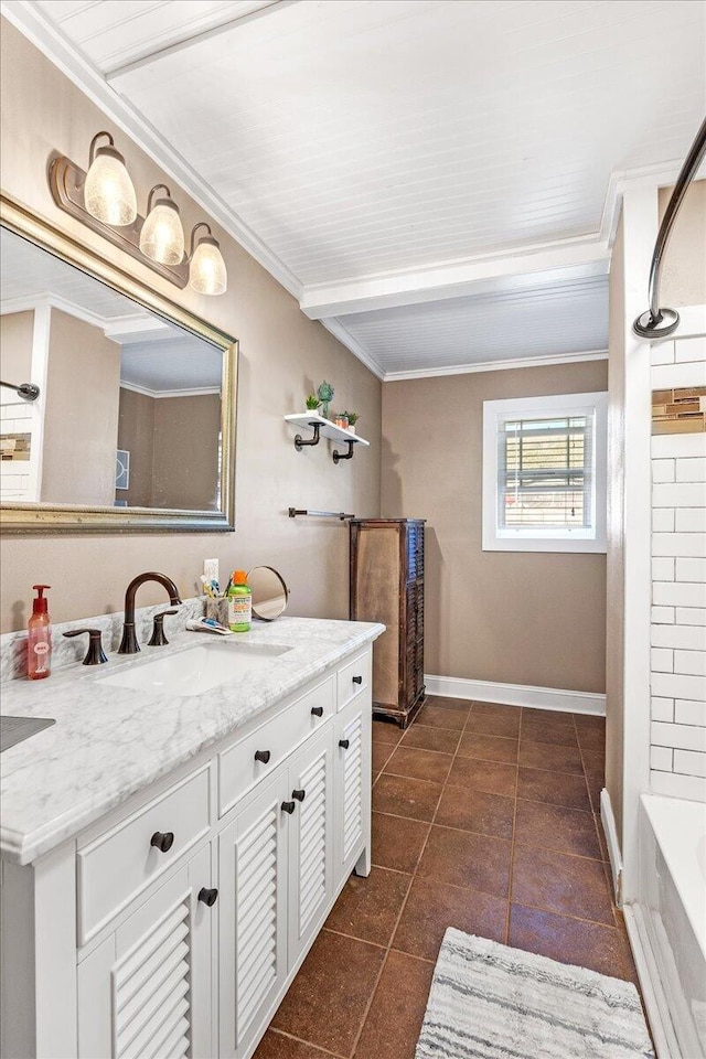 bathroom with bathing tub / shower combination, crown molding, tile patterned flooring, and vanity