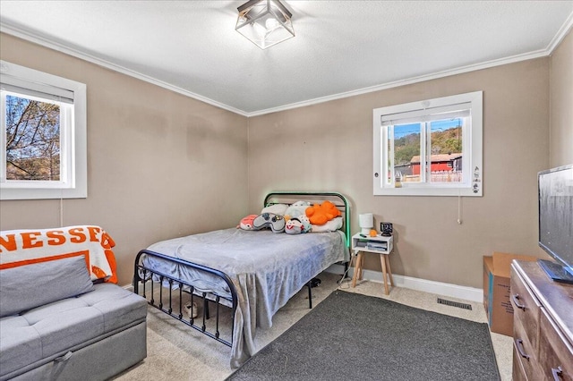 carpeted bedroom featuring a textured ceiling and crown molding