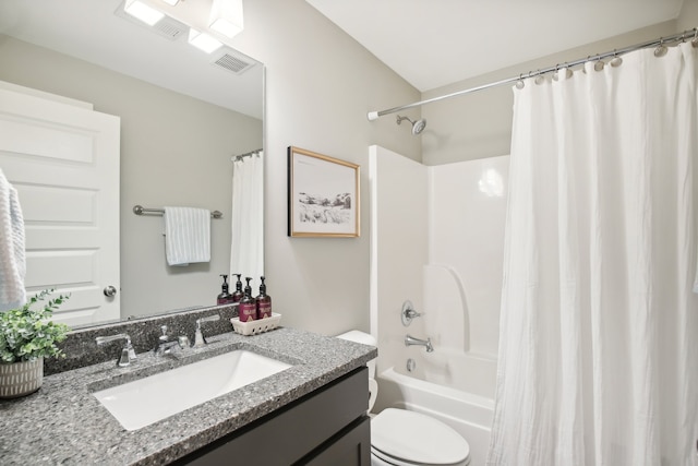 full bathroom with toilet, shower / tub combo, and vanity