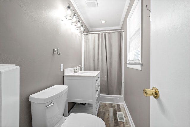 bathroom featuring vanity, toilet, ornamental molding, curtained shower, and wood-type flooring