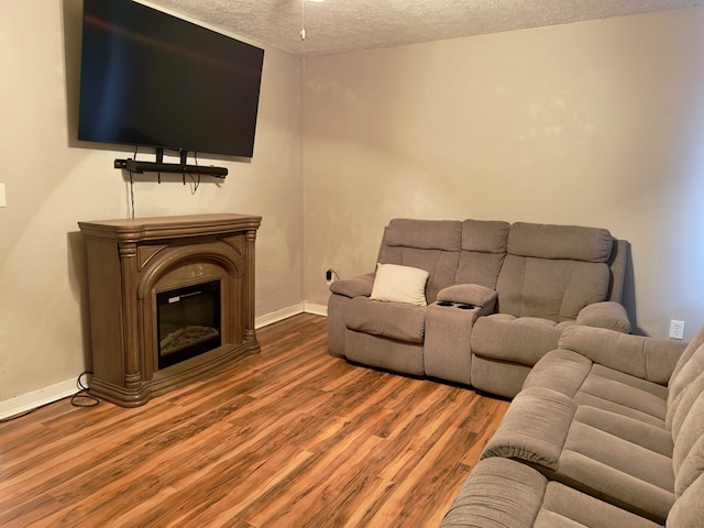 living room featuring a textured ceiling and hardwood / wood-style flooring