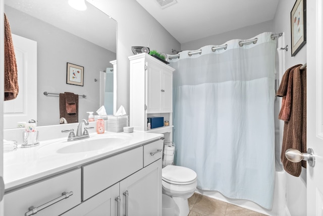 full bathroom with tile patterned flooring, vanity, toilet, and shower / tub combo with curtain