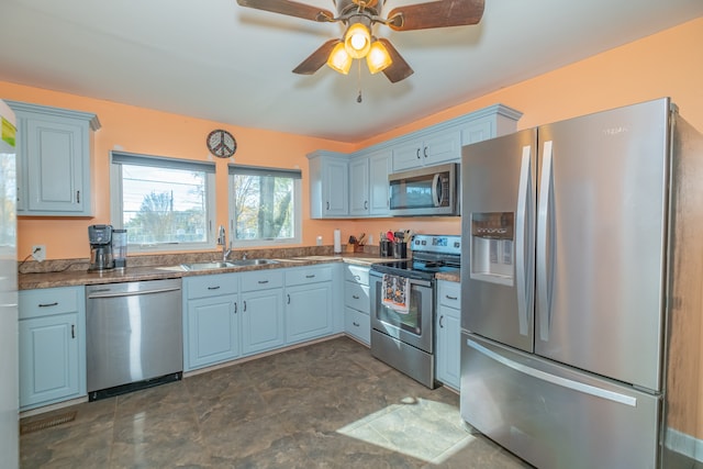 kitchen featuring ceiling fan, sink, and appliances with stainless steel finishes