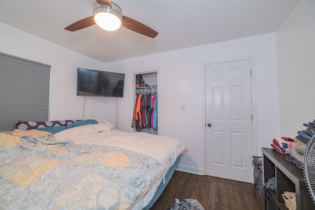 bedroom featuring ceiling fan and dark hardwood / wood-style flooring