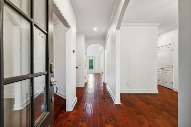 hall featuring ornamental molding and dark wood-type flooring