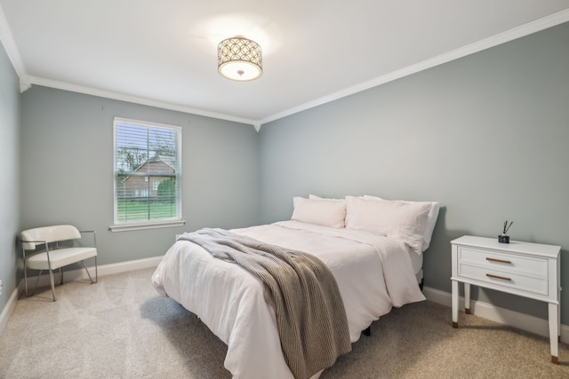 bedroom featuring light colored carpet and ornamental molding