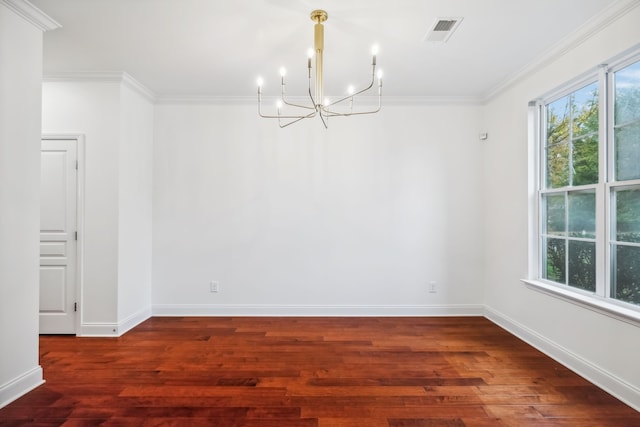 unfurnished dining area with dark hardwood / wood-style floors and ornamental molding