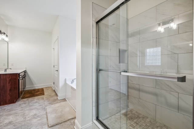 bathroom with vanity, tile patterned flooring, and plus walk in shower