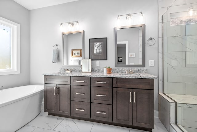 bathroom with vanity and independent shower and bath