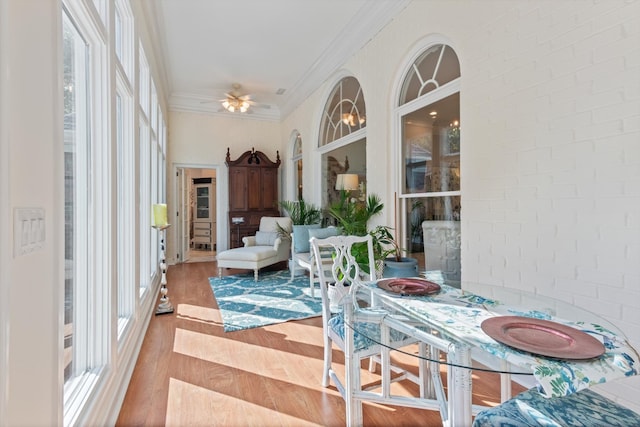 sunroom / solarium featuring ceiling fan