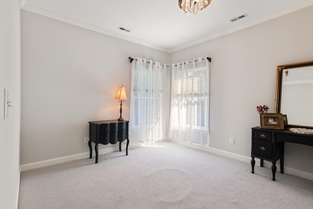 interior space with light colored carpet and ornamental molding