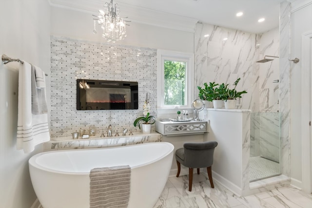 bathroom featuring ornamental molding, plus walk in shower, and a tiled fireplace