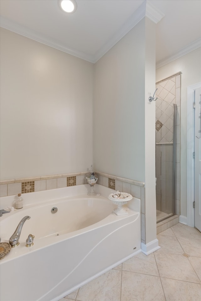 bathroom with tile patterned flooring, plus walk in shower, and crown molding