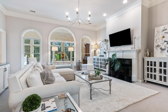 living room featuring light carpet, crown molding, and a notable chandelier