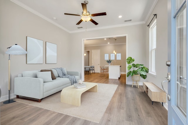 living room featuring light wood-type flooring, ceiling fan, and crown molding