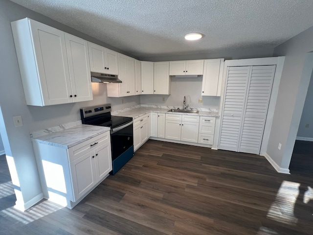 kitchen featuring white cabinetry, dark hardwood / wood-style flooring, stainless steel electric range oven, and sink