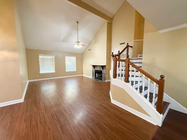 unfurnished living room featuring ceiling fan, high vaulted ceiling, and hardwood / wood-style flooring