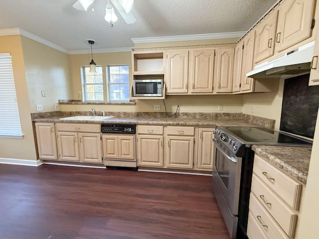 kitchen with sink, dark hardwood / wood-style floors, crown molding, pendant lighting, and appliances with stainless steel finishes