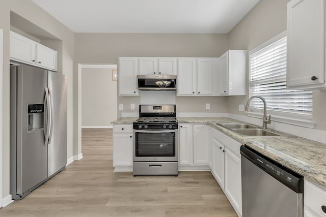 kitchen featuring sink, white cabinets, light wood-type flooring, and appliances with stainless steel finishes