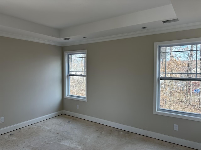 unfurnished room with crown molding, a healthy amount of sunlight, and a raised ceiling