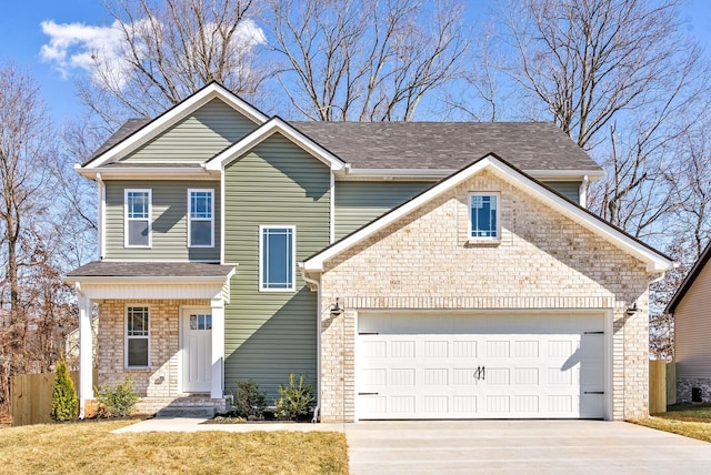 view of front of home with driveway, a shingled roof, an attached garage, fence, and brick siding