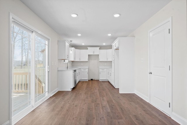 kitchen with recessed lighting, stainless steel dishwasher, a sink, wood finished floors, and baseboards