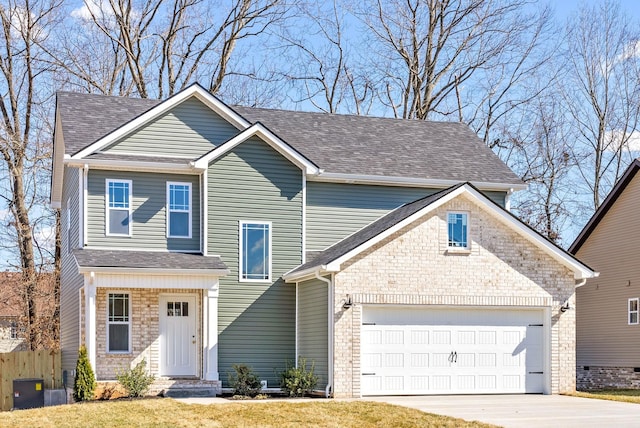 view of front of home featuring roof with shingles, brick siding, an attached garage, fence, and driveway