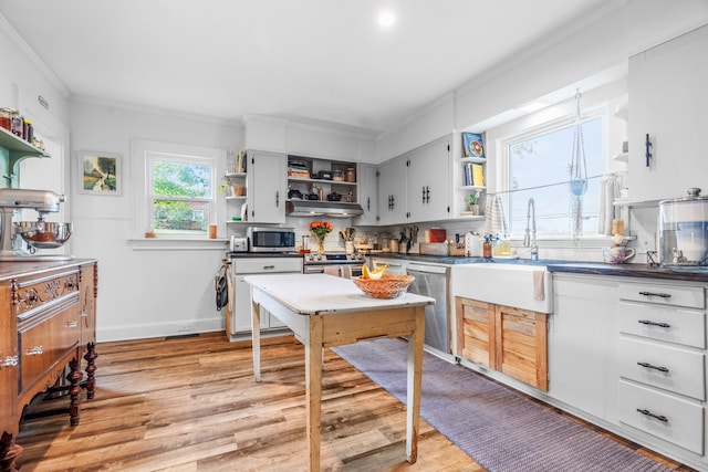 kitchen featuring sink, stainless steel appliances, light hardwood / wood-style flooring, white cabinets, and ornamental molding