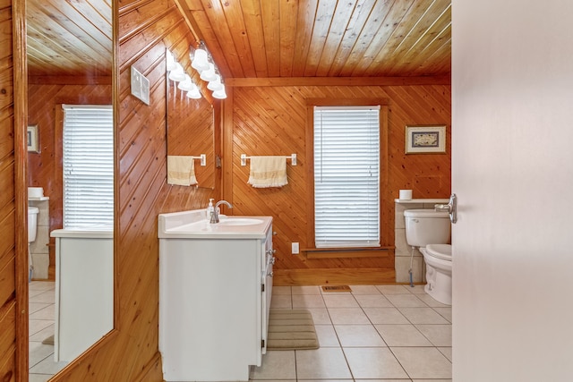 bathroom featuring tile patterned flooring, vanity, wood ceiling, and wood walls